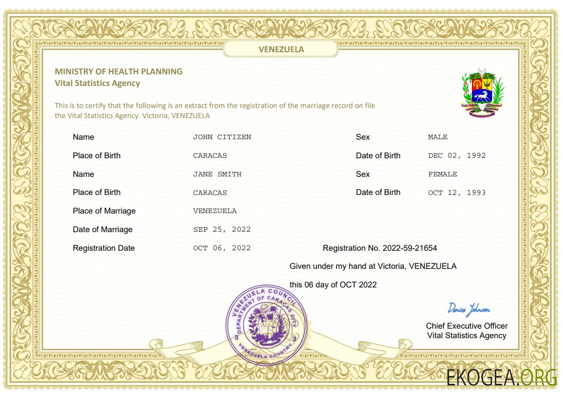 Modèle Word et PDF d'acte de mariage au Venezuela